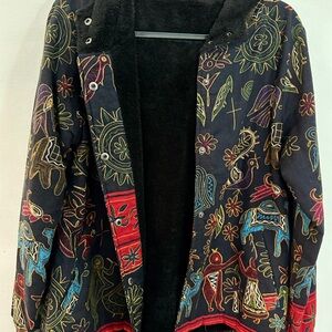 Fleece lined Black Boho Jacket with Colorful Folk Motifs